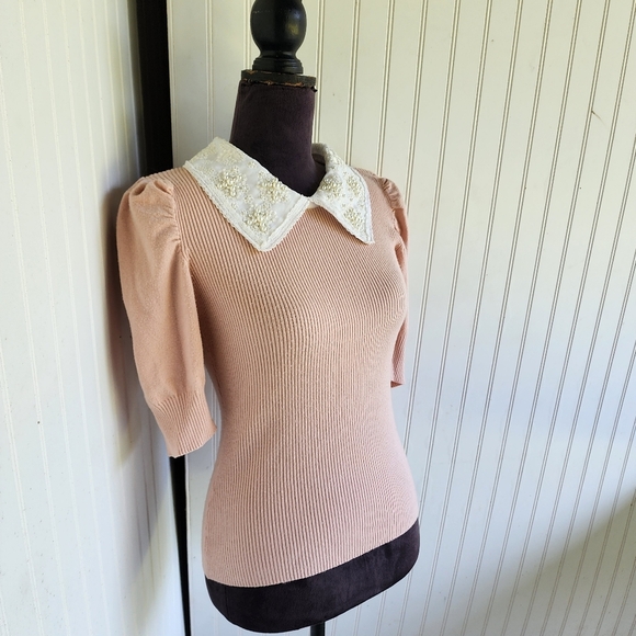 On Twelfth 12th Fitted Puff Sleeve Blush Pink Pullover Sweater Ribbed Collared S - Picture 2 of 11